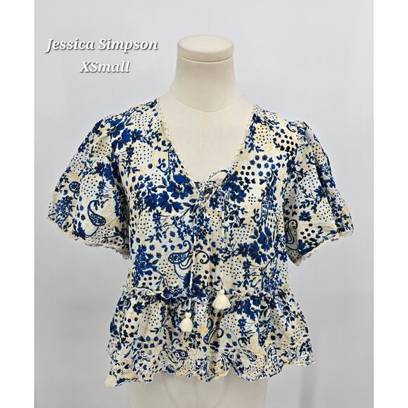 Jessica Simpson Blue & Cream Floral Boho Top (XS) - Picture 1 of 6